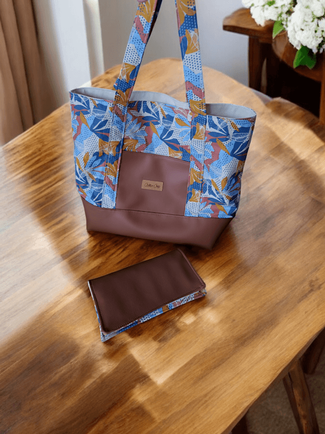 Sac cabas simili cuir tissu fleuri 